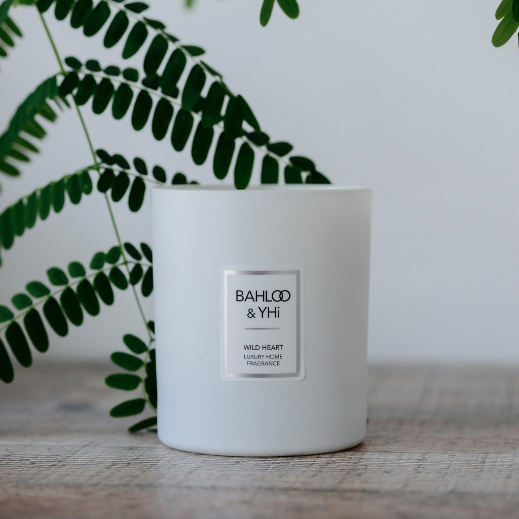 white candle with plant on wooden shelf