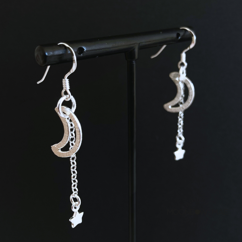 Moonbow Mae 925 Crescent Moon and Star Dangly Earrings