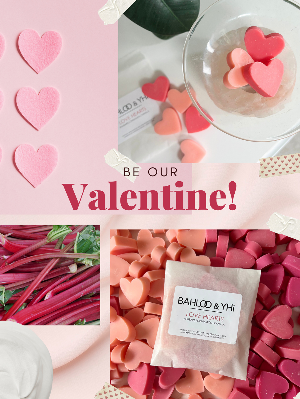 love hearts wax melts coloured pink in BAHLOO AND YHI white packaging.